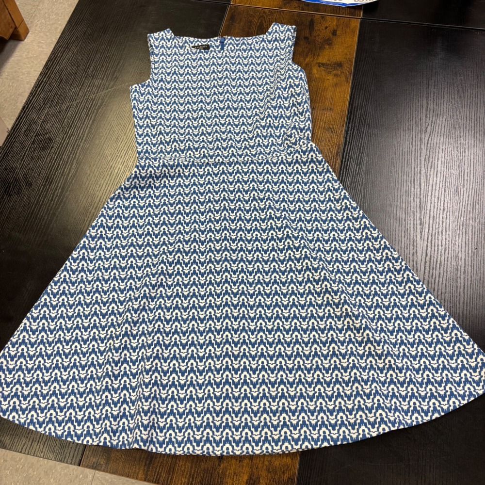 Talbots Petites Blue White Ikat Geometric Fit Flare Dress Sleeveless Petite P
